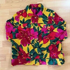 Tahari Floral Button Down Denim Style Jacket - Pink, Green, Yellow